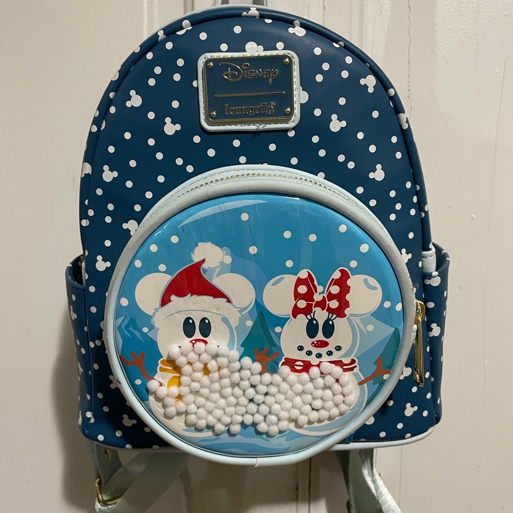 Loungefly Mickey Minnie snowglobe winter backpack and matching wallet set